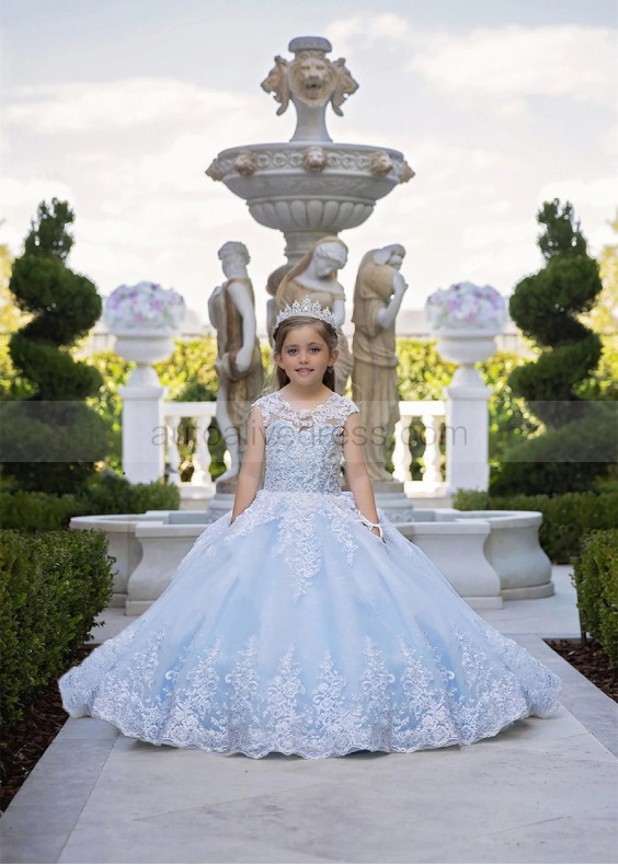 Light Blue Beaded Embroidery Lace Tulle Dreamy Flower Girl Dress